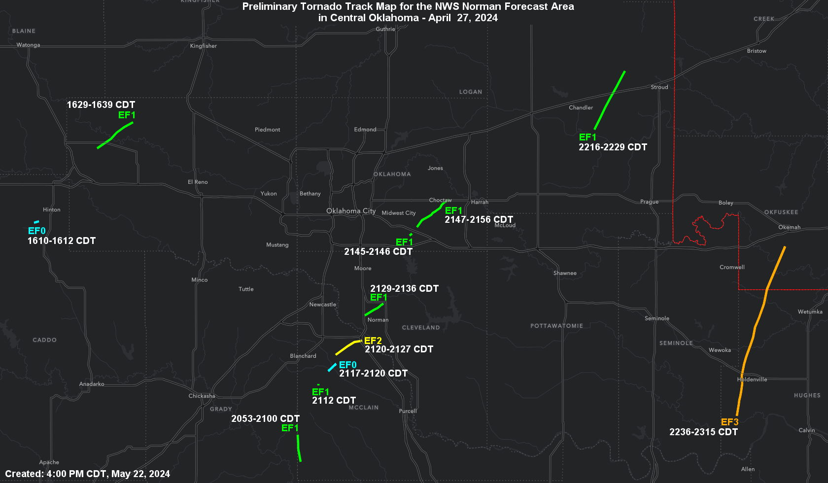 Preliminary Tornado Damage Paths in the NWS Norman Forecast Area in Central Oklahoma for the April 27-28, 2024 Tornado Outbreak