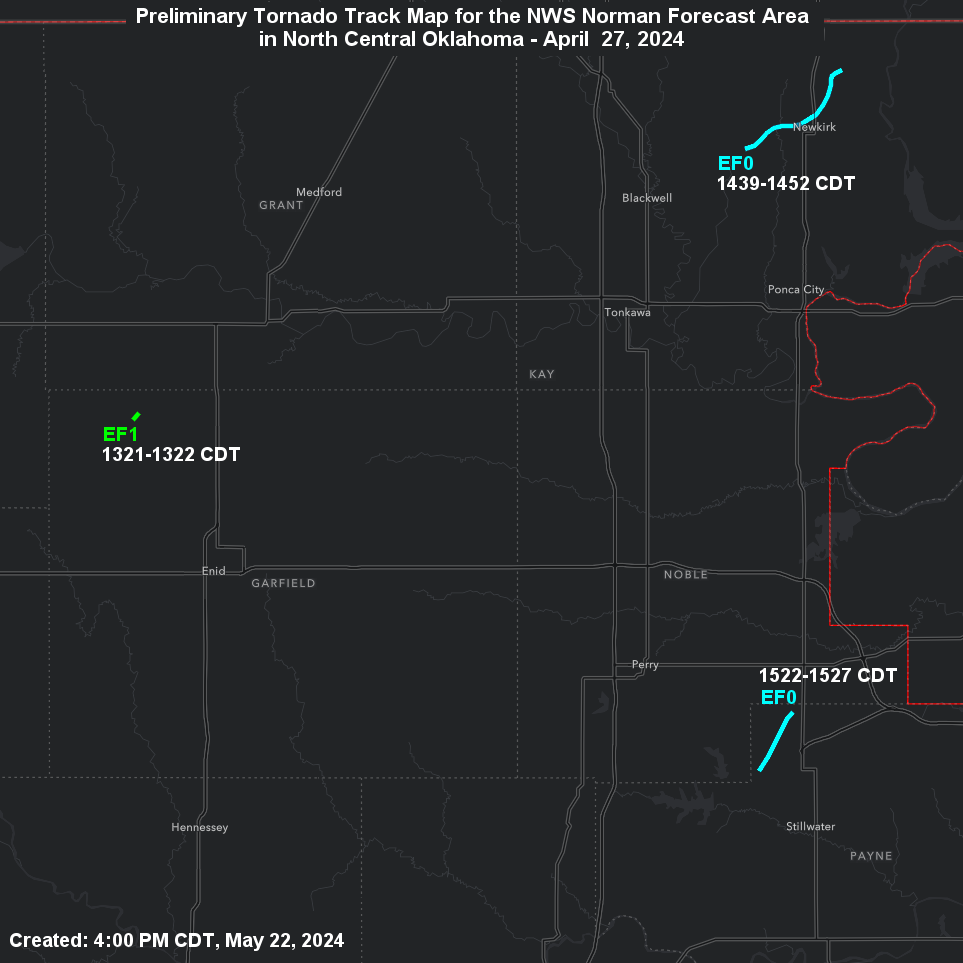 Preliminary Tornado Damage Paths in North Central Oklahoma for the April 27-28, 2024 Tornado Outbreak