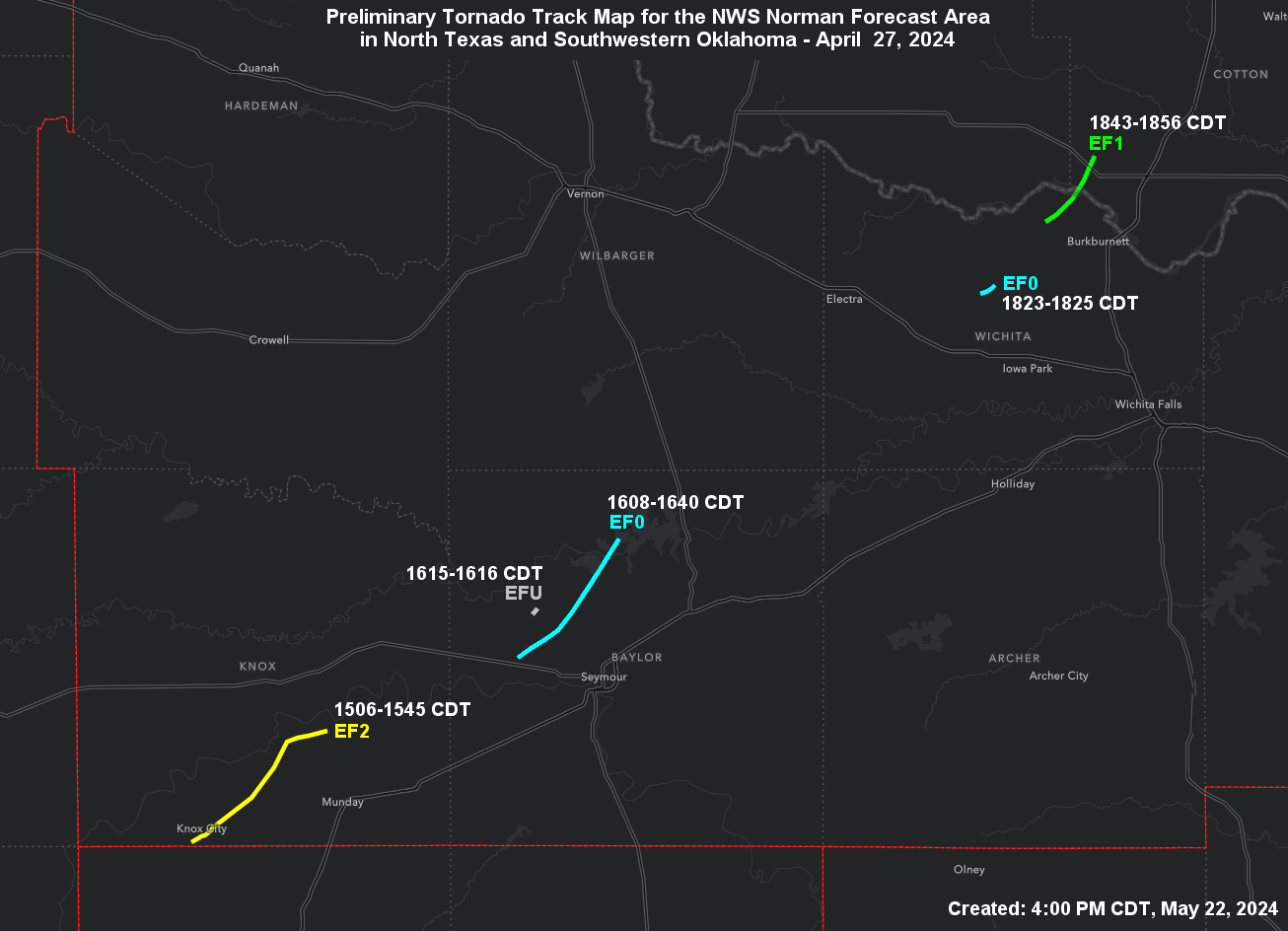 Preliminary Tornado Damage Paths in Western North Texas and Southwestern Oklahoma for the April 27-28, 2024 Tornado Outbreak