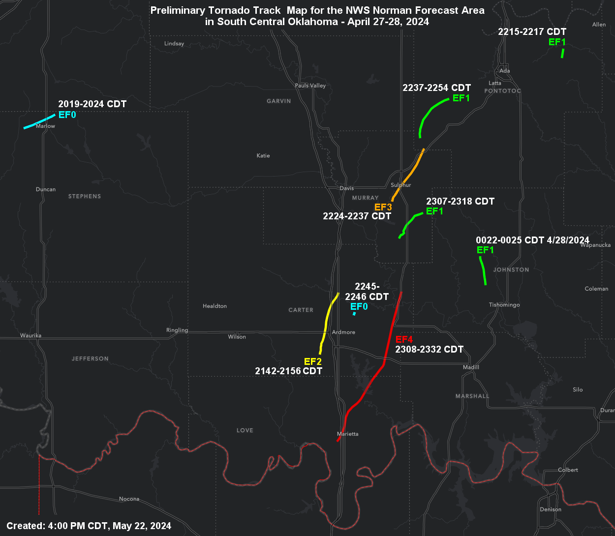 Preliminary Tornado Damage Paths in the NWS Norman Forecast Area in South Central Oklahoma for the April 27-28, 2024 Tornado Outbreak