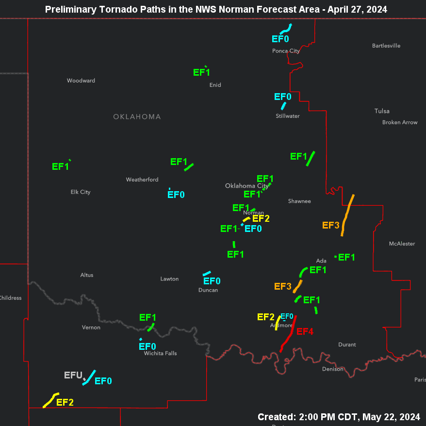 Preliminary Tornado Damage Paths in the NWS Norman Forecast Area for the April 27-28, 2024 Tornado Outbreak