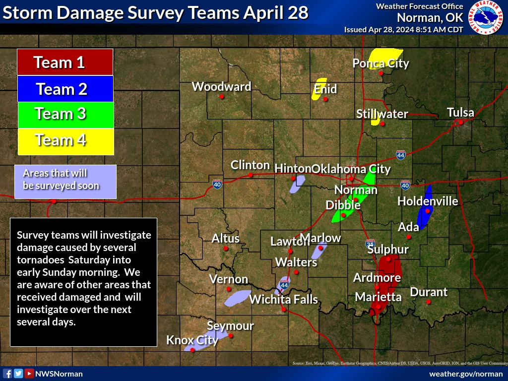 Map of Areas Being Surveyed on April 28, 2024  in the NWS Norman Forecast Area for the April 27-28, 2024 Tornado and Flash Flooding Event