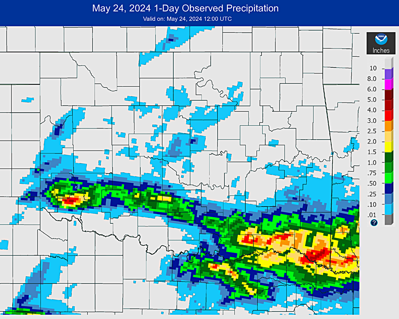 24-hour Observed Rainfall at 7 AM CDT on May 24, 2024