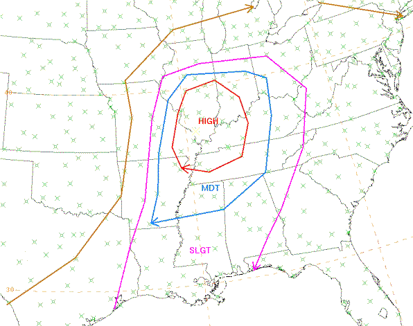 This is a hypothetical example of how a Day1 Outlook might have looked if the Storm Prediction Center were in existence in 1925.  It depicts a high risk for severe weather over portions of Missouri, Illinois, Indiana, Kentucky, and Tennessee.