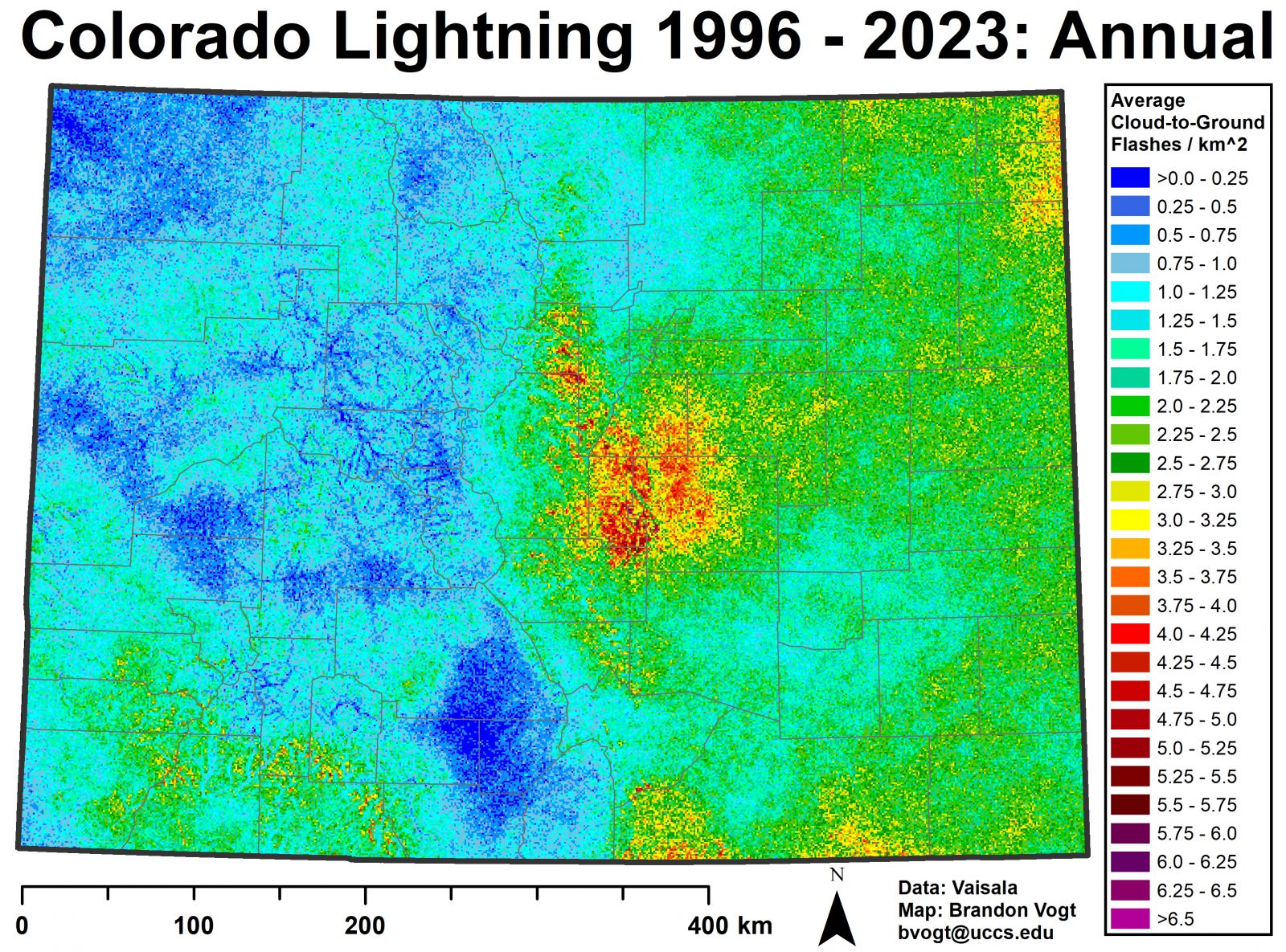 This map shows the lightning flash density over the state of Colorado from 1996 through 2023