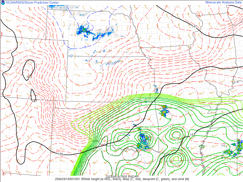 850 mb map showing temperature, dewpoint, winds, and geopotential height.