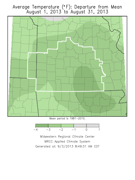 August 2013 Average Temperature Departure from Normal