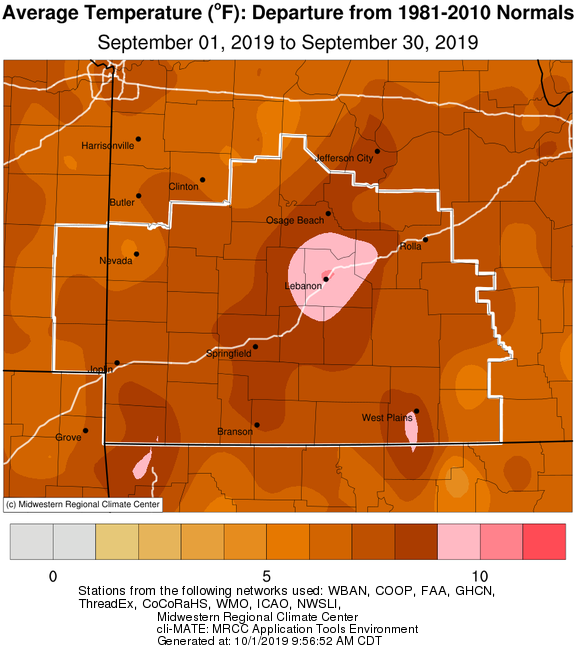 September 2019 Average Temperature Departure from Normal