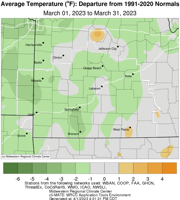 March 2023 Average Temperature Departure from Normal