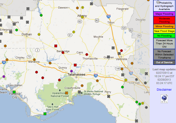 A screen shot of our Advanced Hydrologic Prediction System (AHPS) interactive map on February 27th showing all of the river forecast points that were in flood or forecast to flood. Click on the image for a larger view.