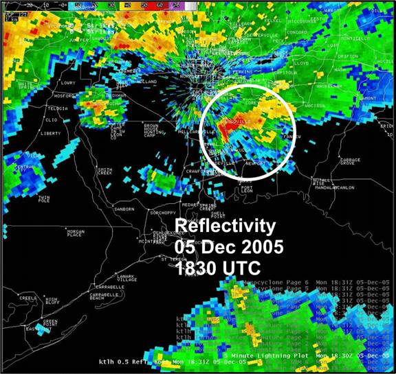 Figure 6.  Base reflectivity from the Tallahassee, FL, radar (KTLH) at 1830 UTC, 05 December 2005