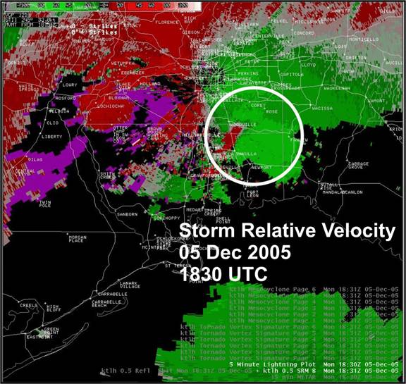 Figure 7.  Storm Relative Velocity from the Tallahassee, FL, radar (KTLH) at 1830 UTC, 05 December 2005.