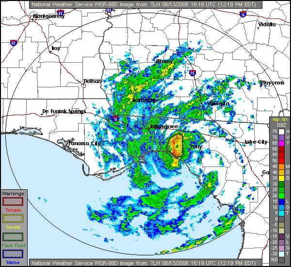 Doppler radar base reflectivity image from the KTLH Doppler radar valid 1619 UTC 13 June 2006 showing Tropical Storm Alberto near the time of landfall along the Florida Big Bend coast.