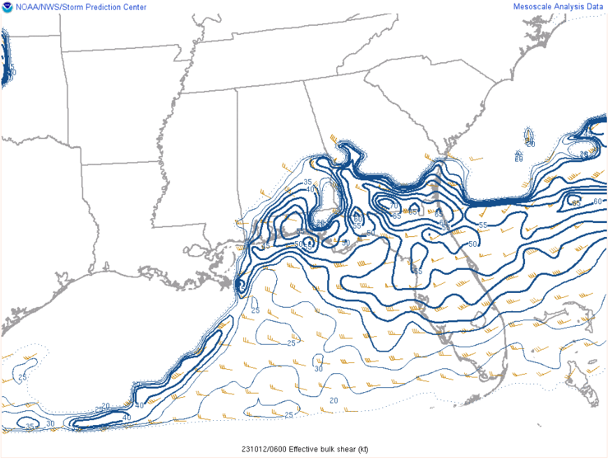 Effective Bulk Shear from 10/12/23 at 06Z (2AM)