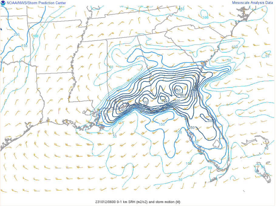 0 to 1km SRH and Storm Motion from 10/12/23 at 06Z (2AM)