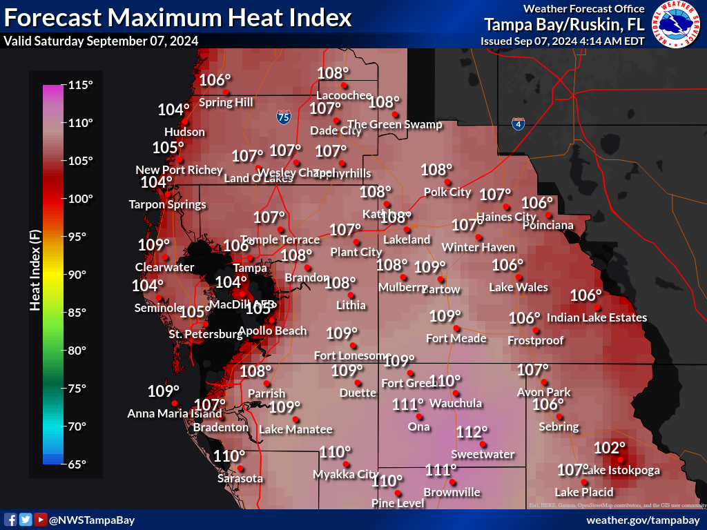 Maximum Heat Index for Day 1 across West Central Florida