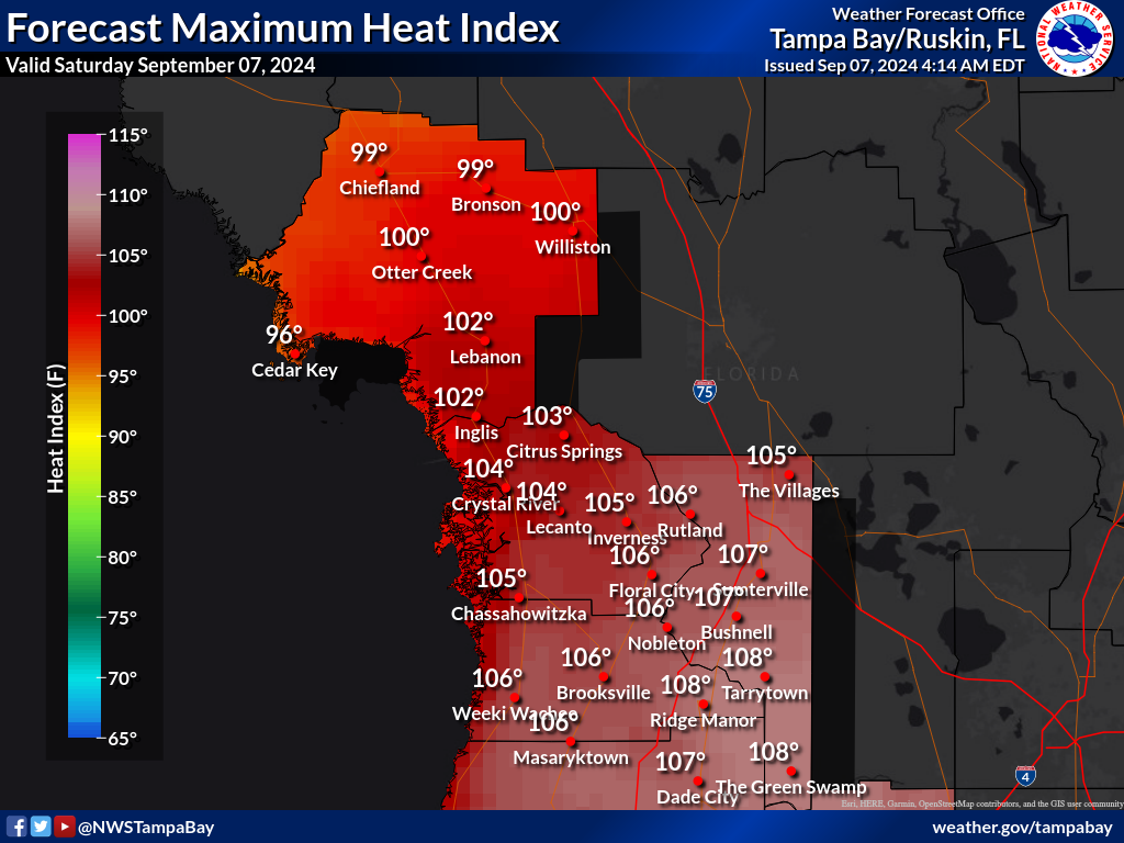 Maximum Heat Index for Day 1 across the Nature Coast