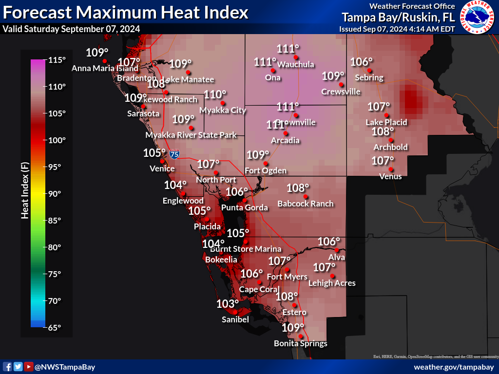 Maximum Heat Index for Day 1 across Southwest Florida