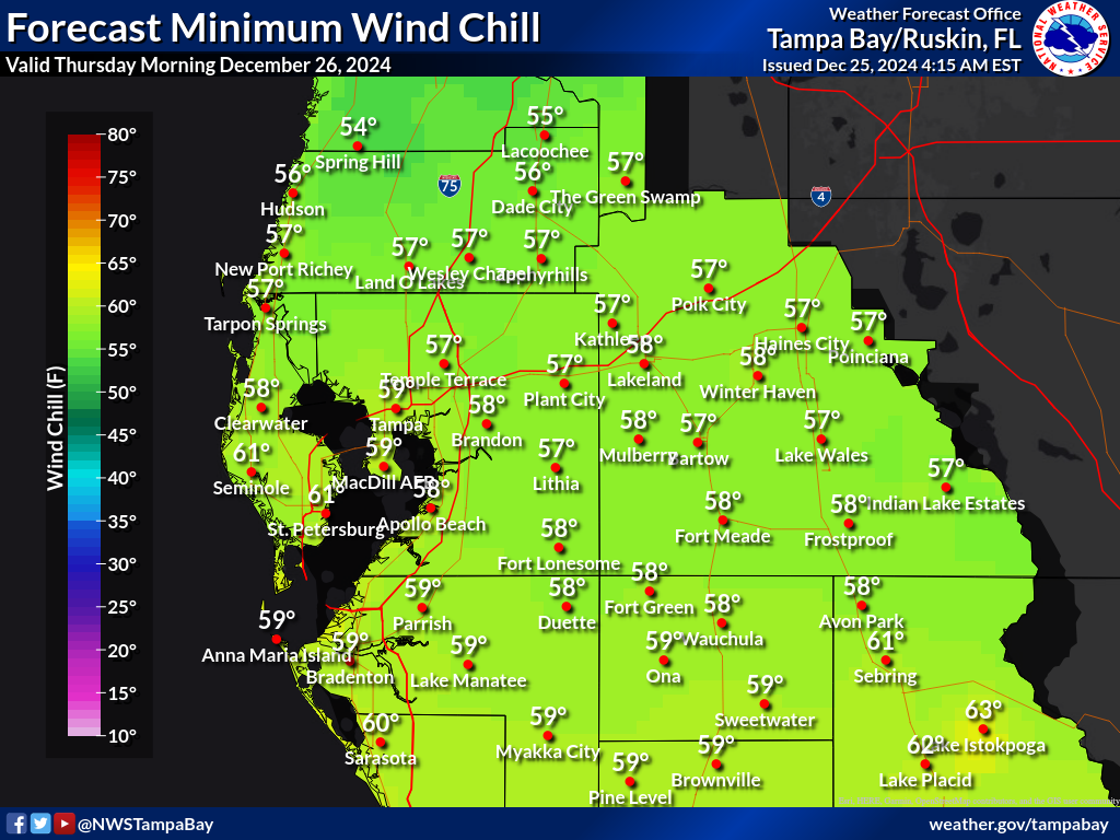 Minimum Wind Chill for Night 1 across West Central Florida