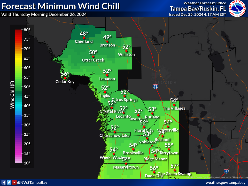 Minimum Wind Chill for Night 1 across the Nature Coast