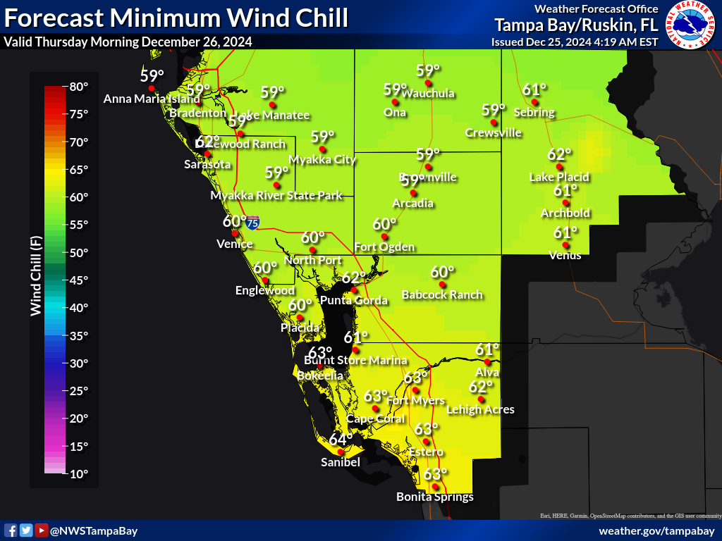 Minimum Wind Chill for Night 1 across Southwest Florida