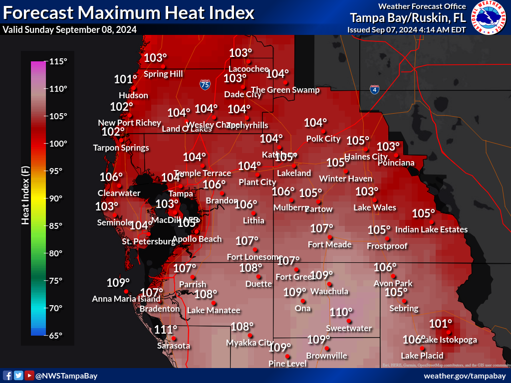 Maximum Heat Index for Day 2 across West Central Florida