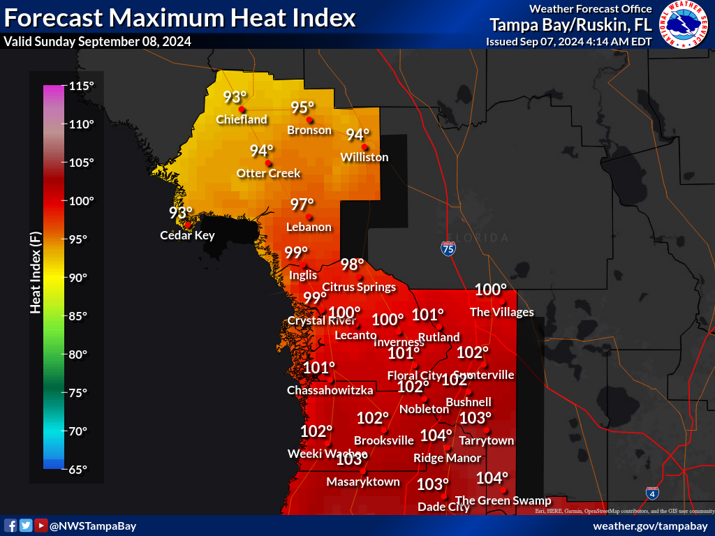 Maximum Heat Index for Day 2 across the Nature Coast