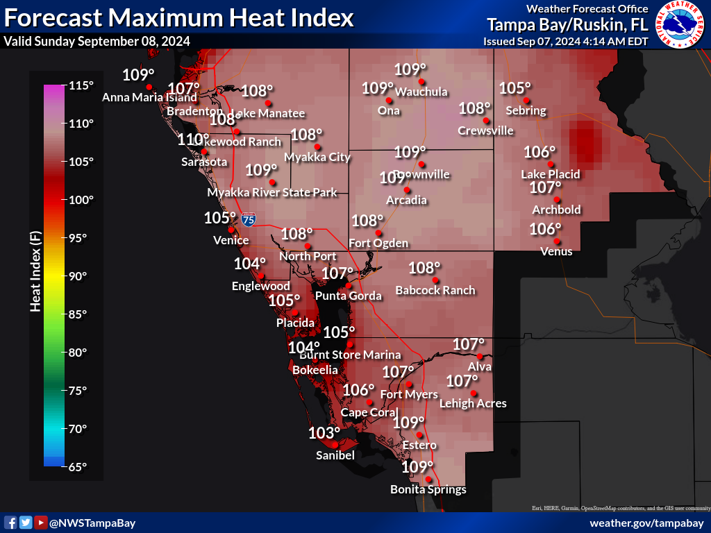 Maximum Heat Index for Day 2 across Southwest Florida