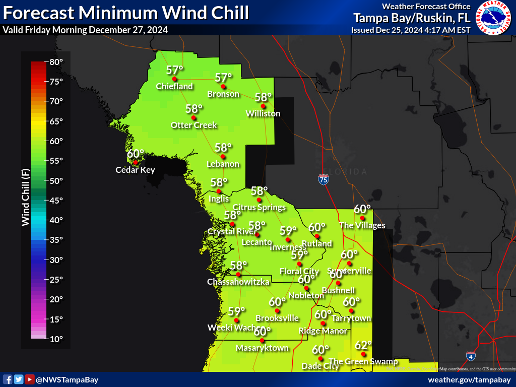 Minimum Wind Chill for Night 2 across the Nature Coast