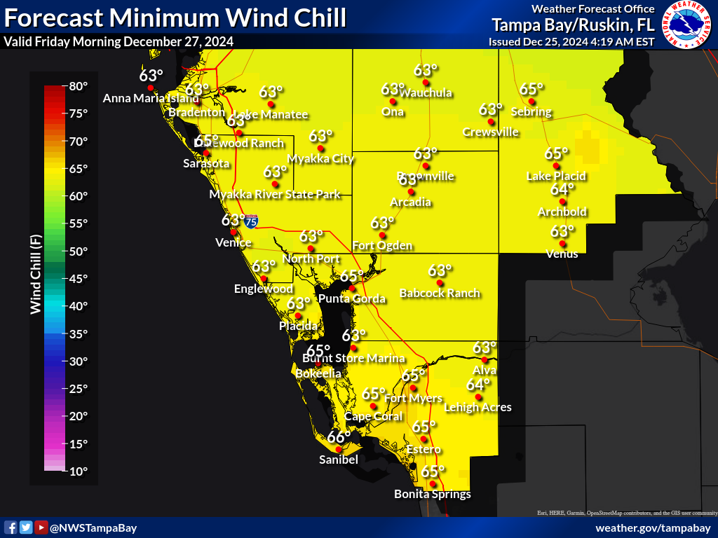 Minimum Wind Chill for Night 2 across Southwest Florida