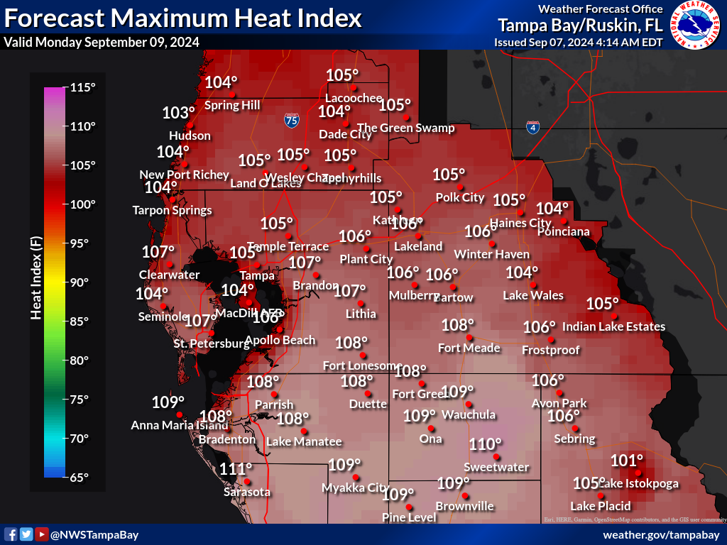 Maximum Heat Index for Day 3 across West Central Florida