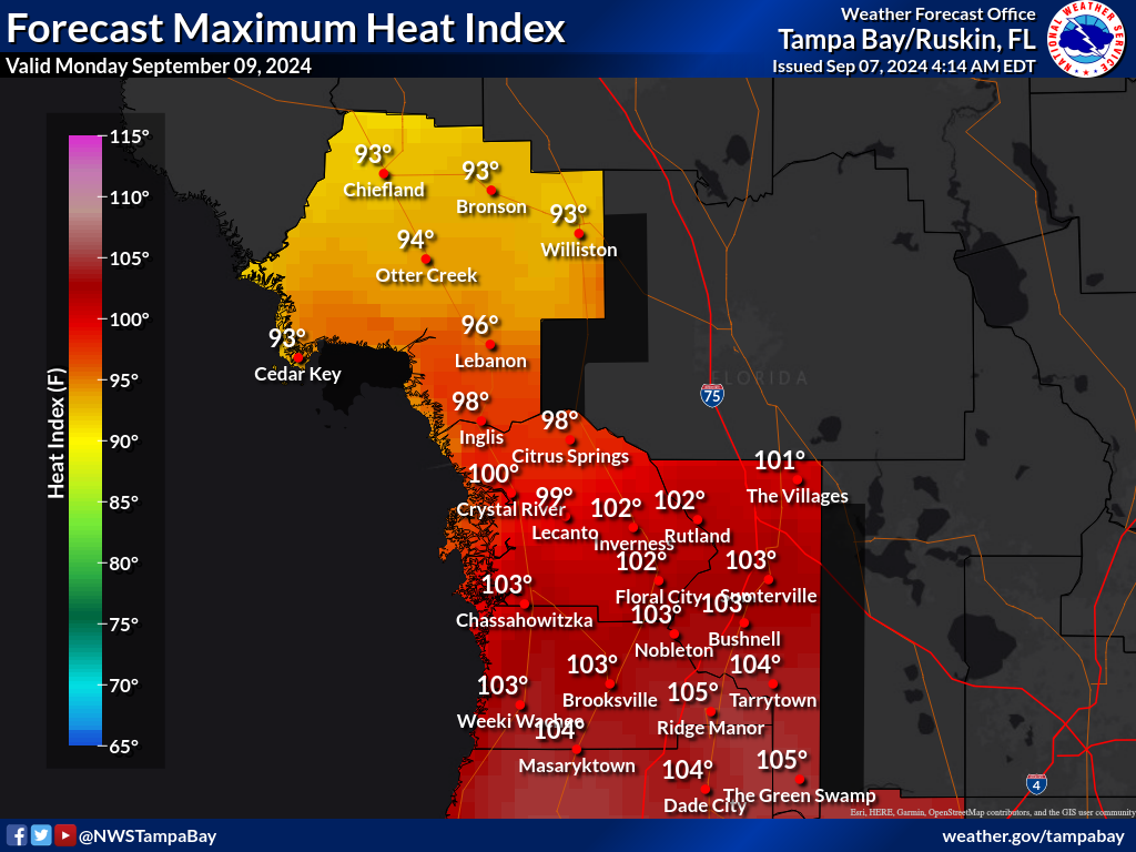 Maximum Heat Index for Day 3 across the Nature Coast