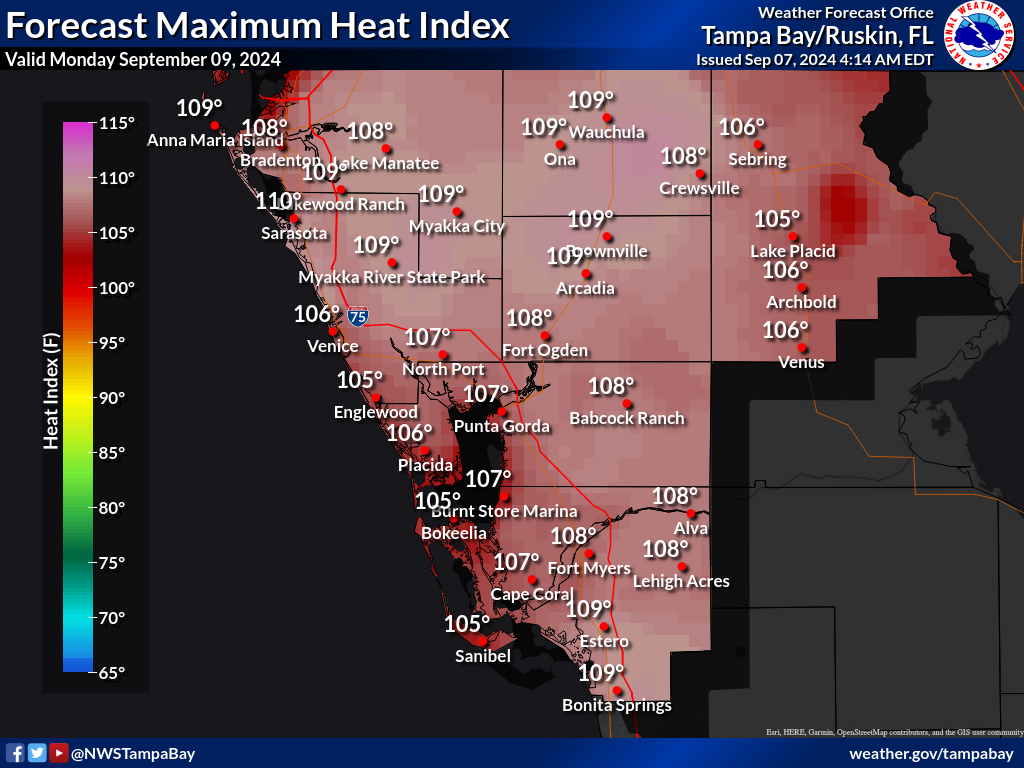 Maximum Heat Index for Day 3 across Southwest Florida