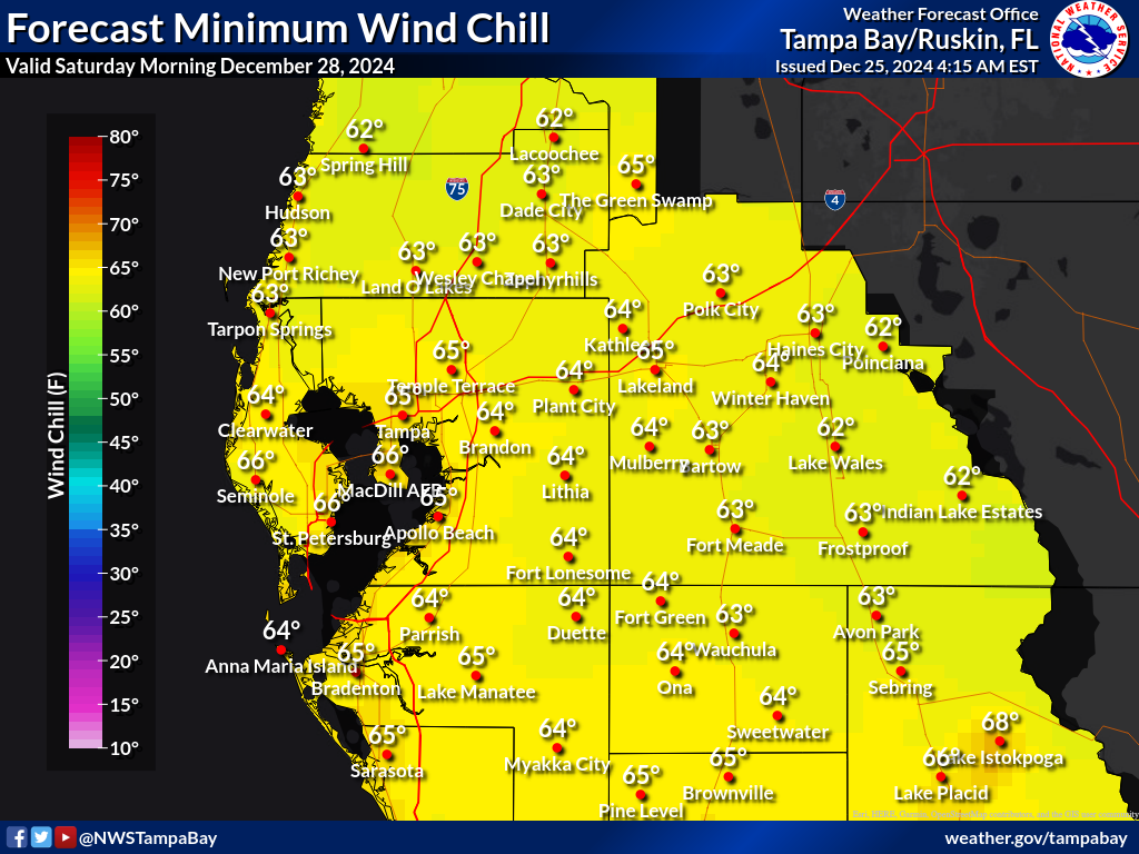 Minimum Wind Chill for Night 3 across West Central Florida