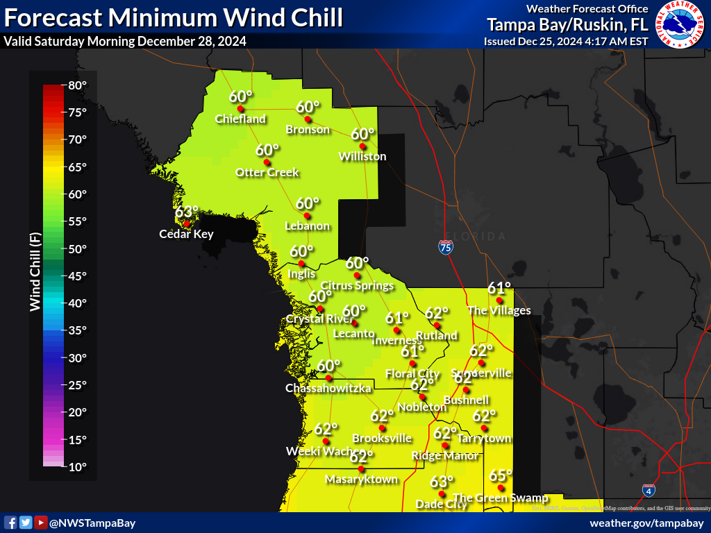 Minimum Wind Chill for Night 3 across the Nature Coast