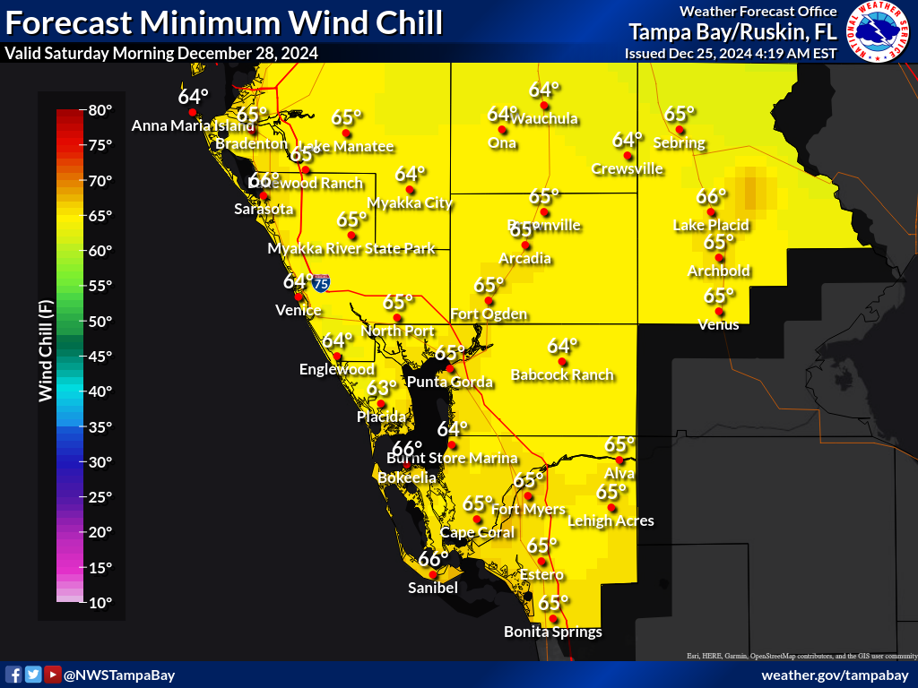 Minimum Wind Chill for Night 3 across Southwest Florida