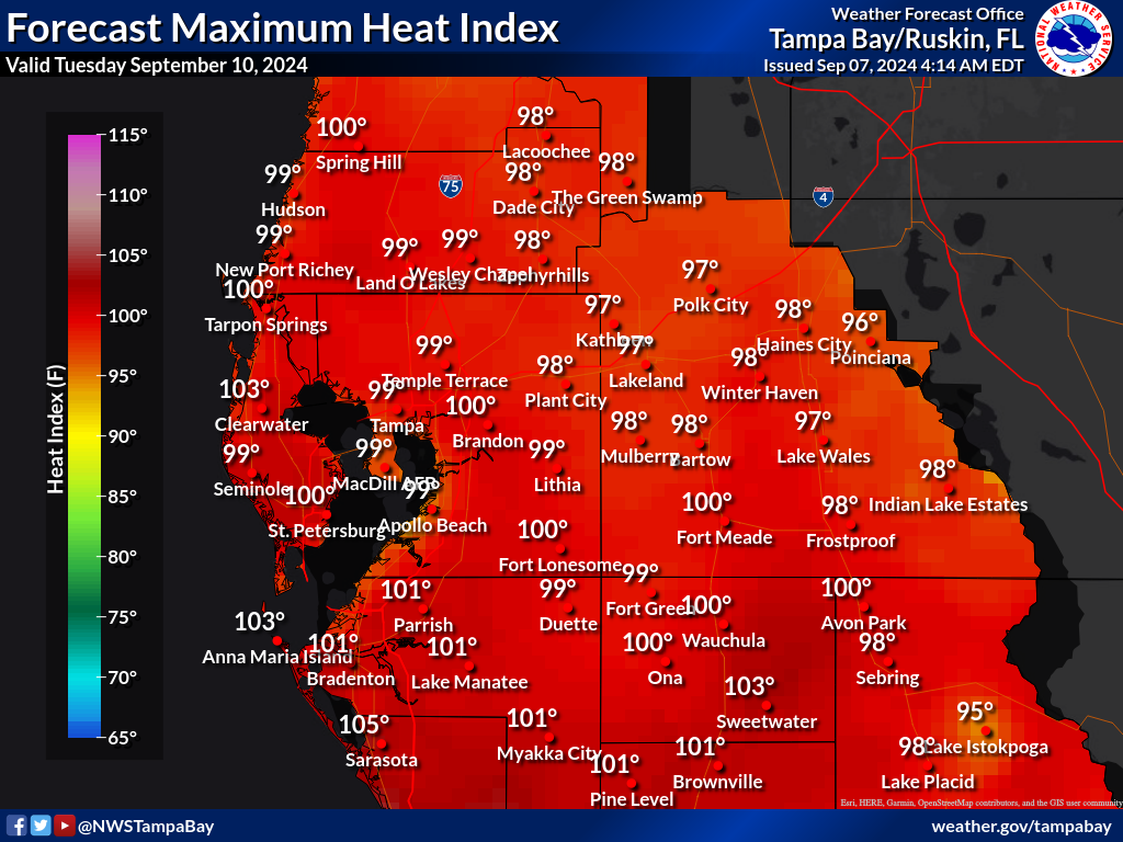 Maximum Heat Index for Day 4 across West Central Florida