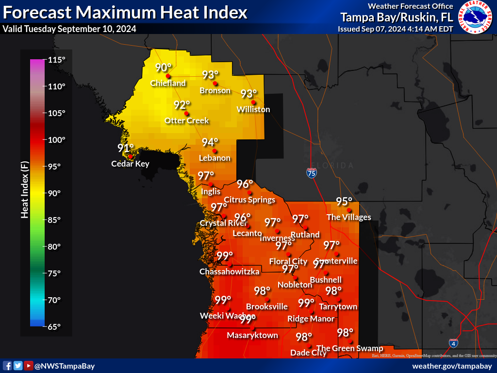 Maximum Heat Index for Day 4 across the Nature Coast