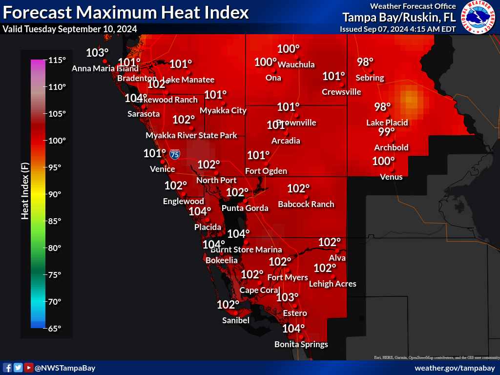 Maximum Heat Index for Day 4 across Southwest Florida