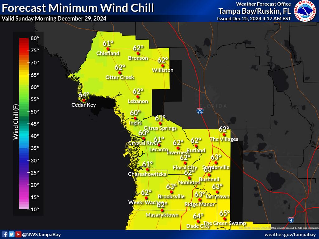 Minimum Wind Chill for Night 4 across the Nature Coast