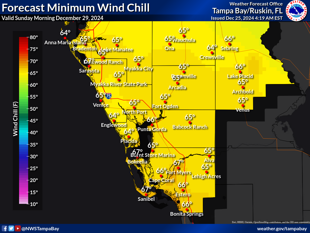 Minimum Wind Chill for Night 4 across Southwest Florida