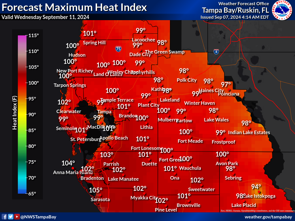 Maximum Heat Index for Day 5 across West Central Florida