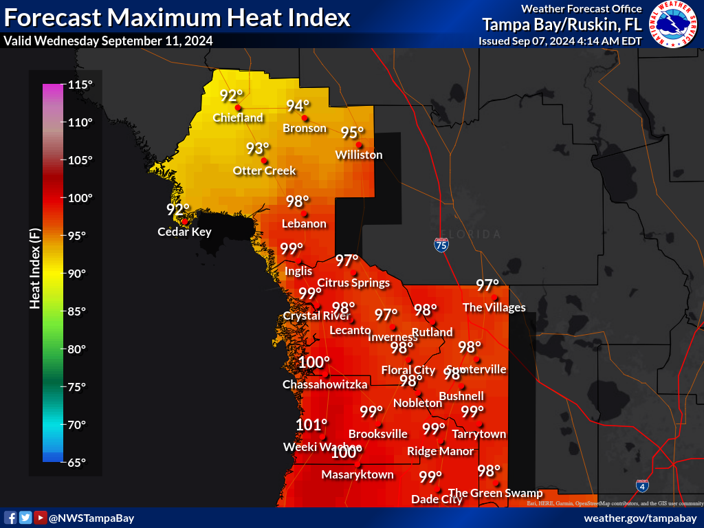 Maximum Heat Index for Day 5 across the Nature Coast