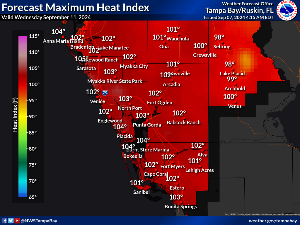 Maximum Heat Index for Day 5 across Southwest Florida