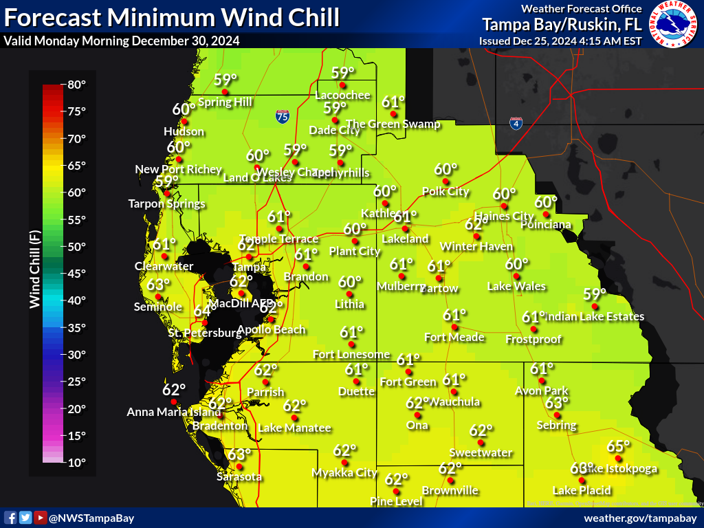 Minimum Wind Chill for Night 5 across West Central Florida