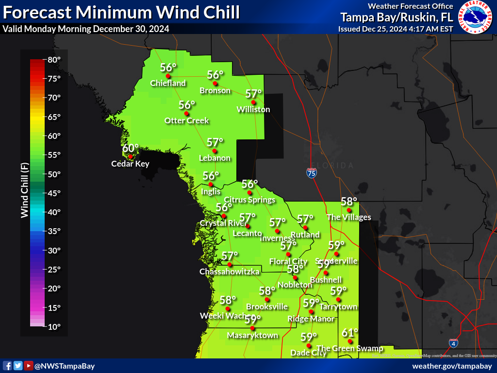 Minimum Wind Chill for Night 5 across the Nature Coast