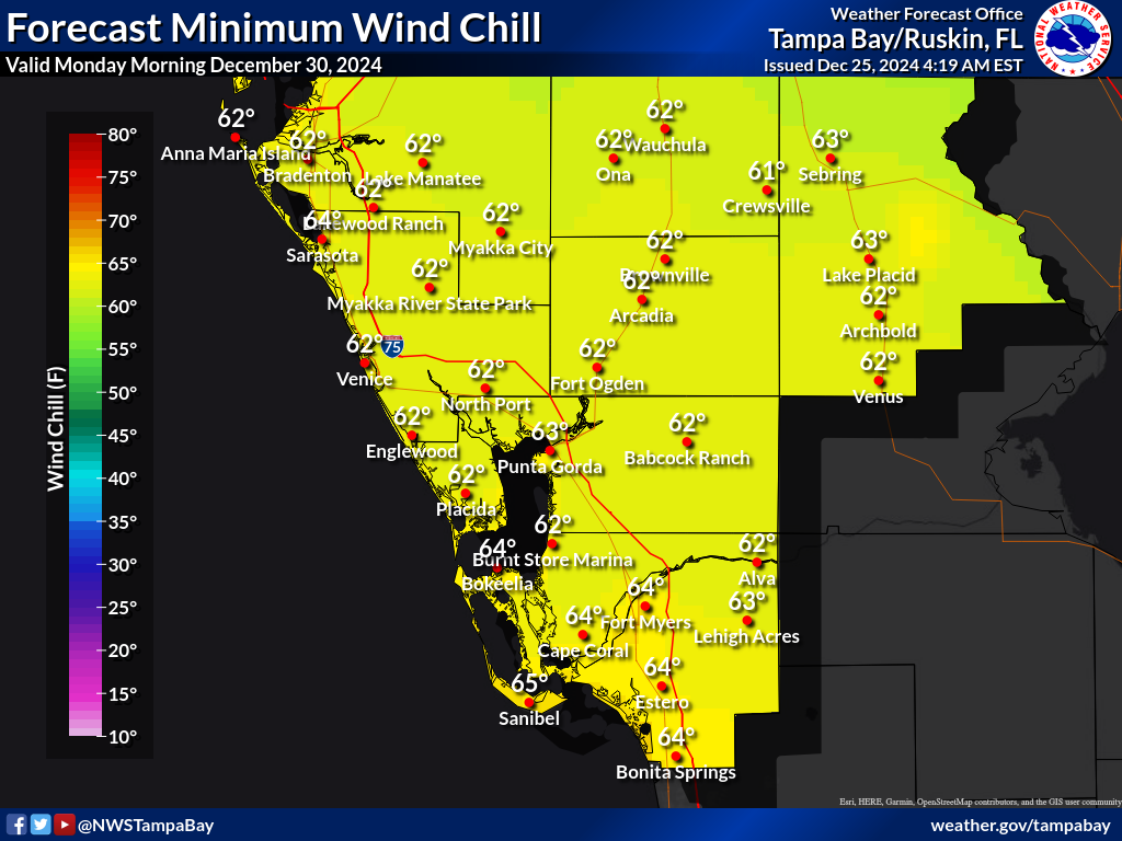 Minimum Wind Chill for Night 5 across Southwest Florida