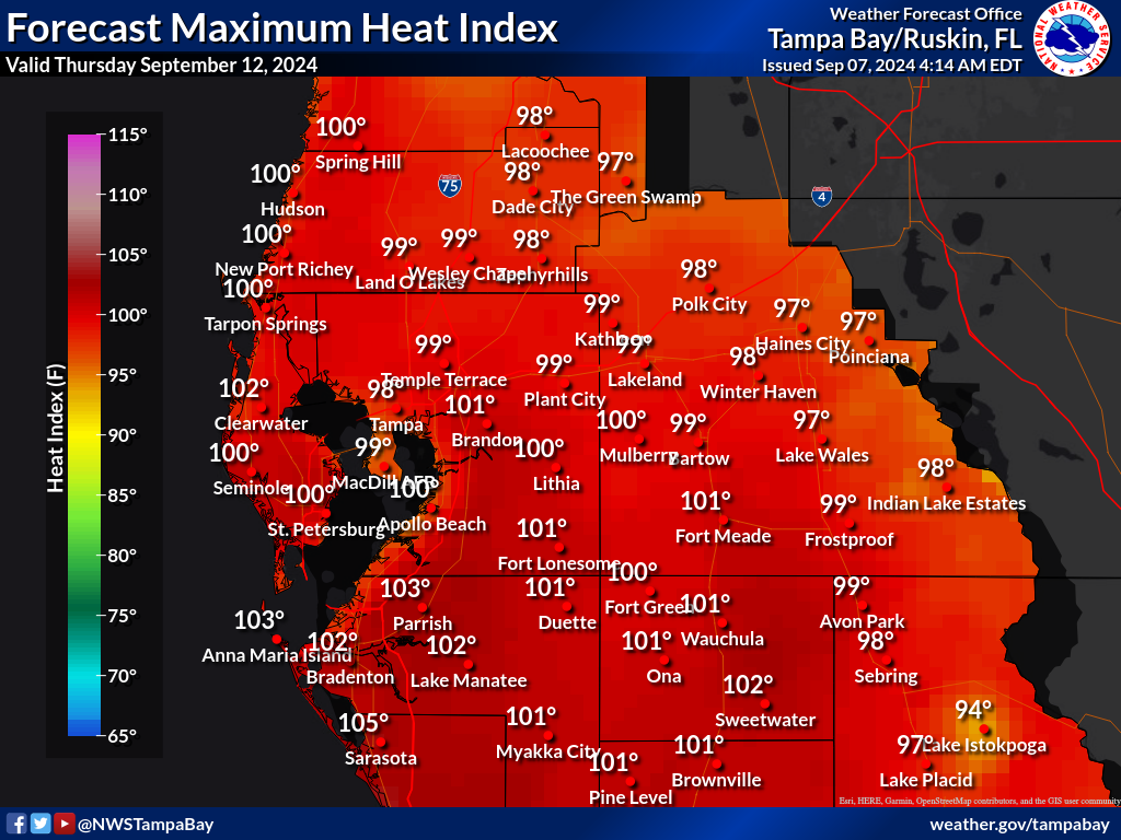 Maximum Heat Index for Day 6 across West Central Florida