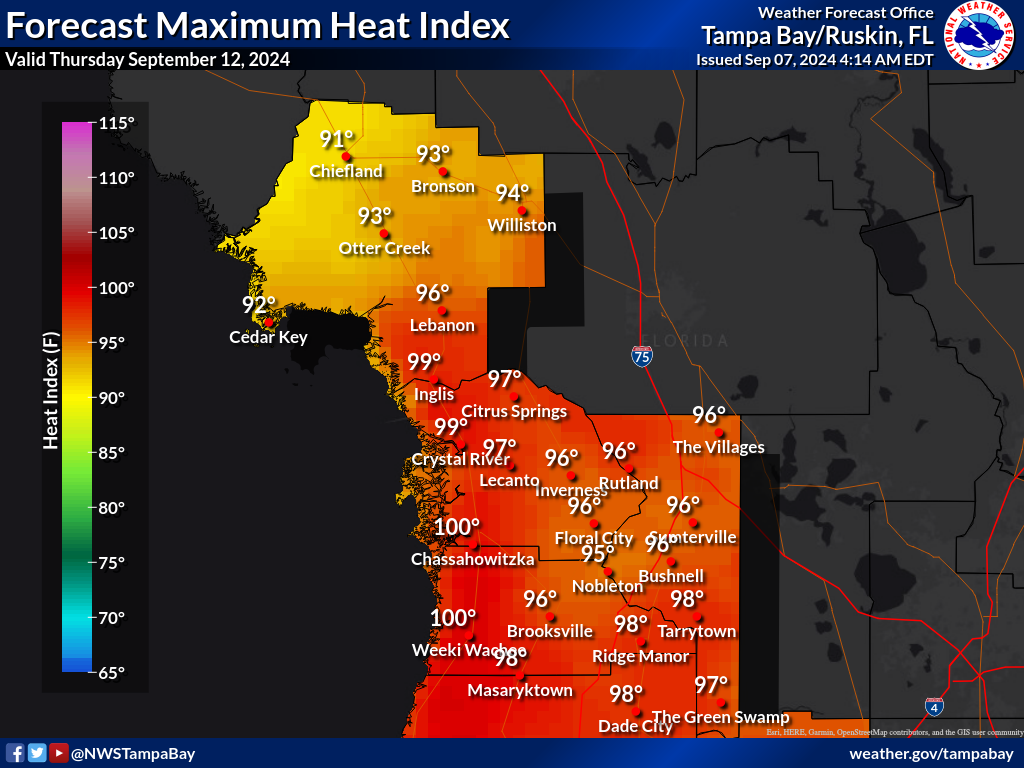 Maximum Heat Index for Day 6 across the Nature Coast