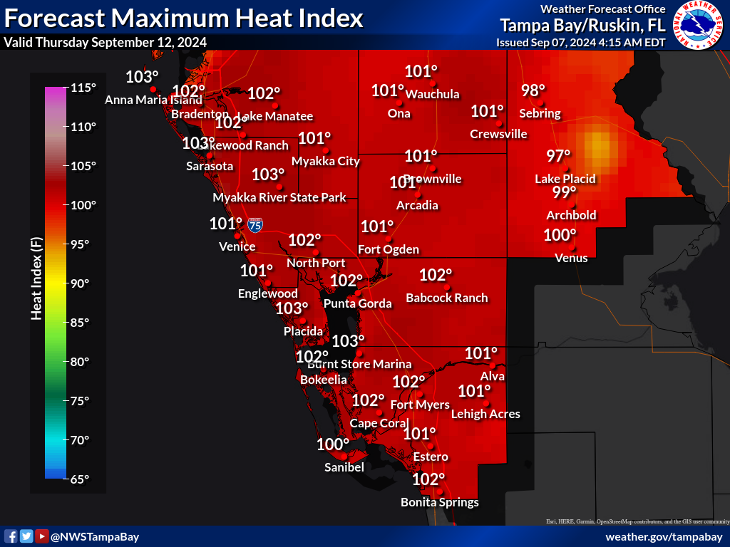 Maximum Heat Index for Day 6 across Southwest Florida